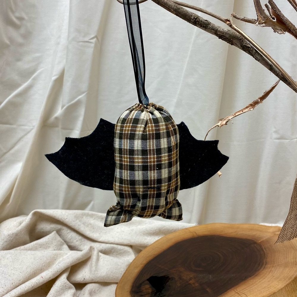 Plaid Bat Ornament  Brown Fabric Bat with Felt Wings  Halloween Décor, handmade